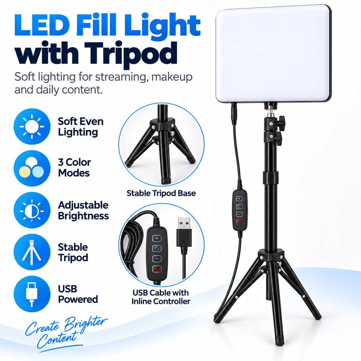 LED Fill Light With Adjustable Tripod Stand, USB Powered Dimmable Panel Light With 3 Lighting Modes, Portable Video Light For Live Streaming, Makeup, Photography, Content Creation & Video Calls photo 5
