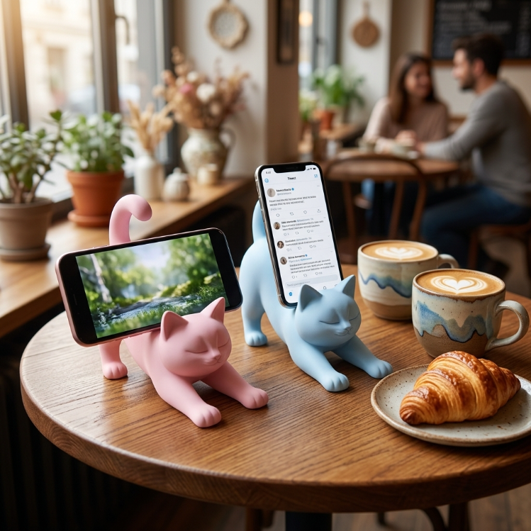 Cute Cat Shape Phone Holder, 3D Printed Desktop Stand For Smartphone, Creative Desk Decor & Organizer photo 1
