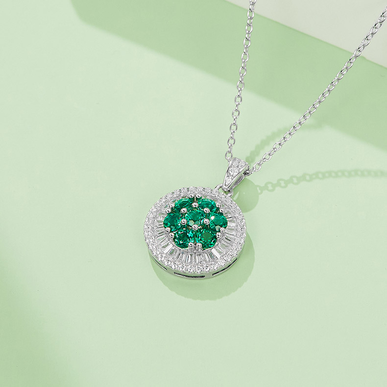 S925 Silver 3.5g 0.75ct Lab-Created Emerald Necklace, Cluster Halo Pendant, 40&5cm photo 2