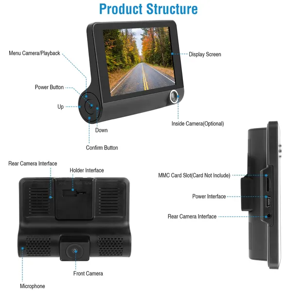 1296P Car DVR Dash Camera 4In 3 Lens Vehicle Driving Recorder Seamless Recording photo 4
