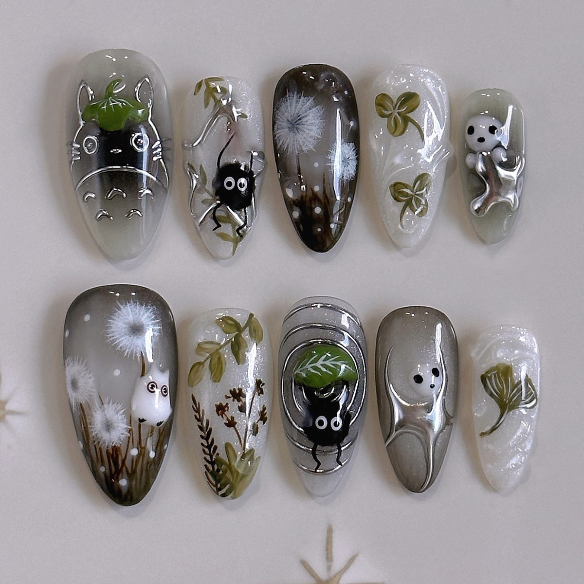 24Pcs Forest Style 3D Embossed Cat Eye Press On Nails, European INS Trendy Reusable Handmade False Nails Removable Wearable Nail Tips photo 1