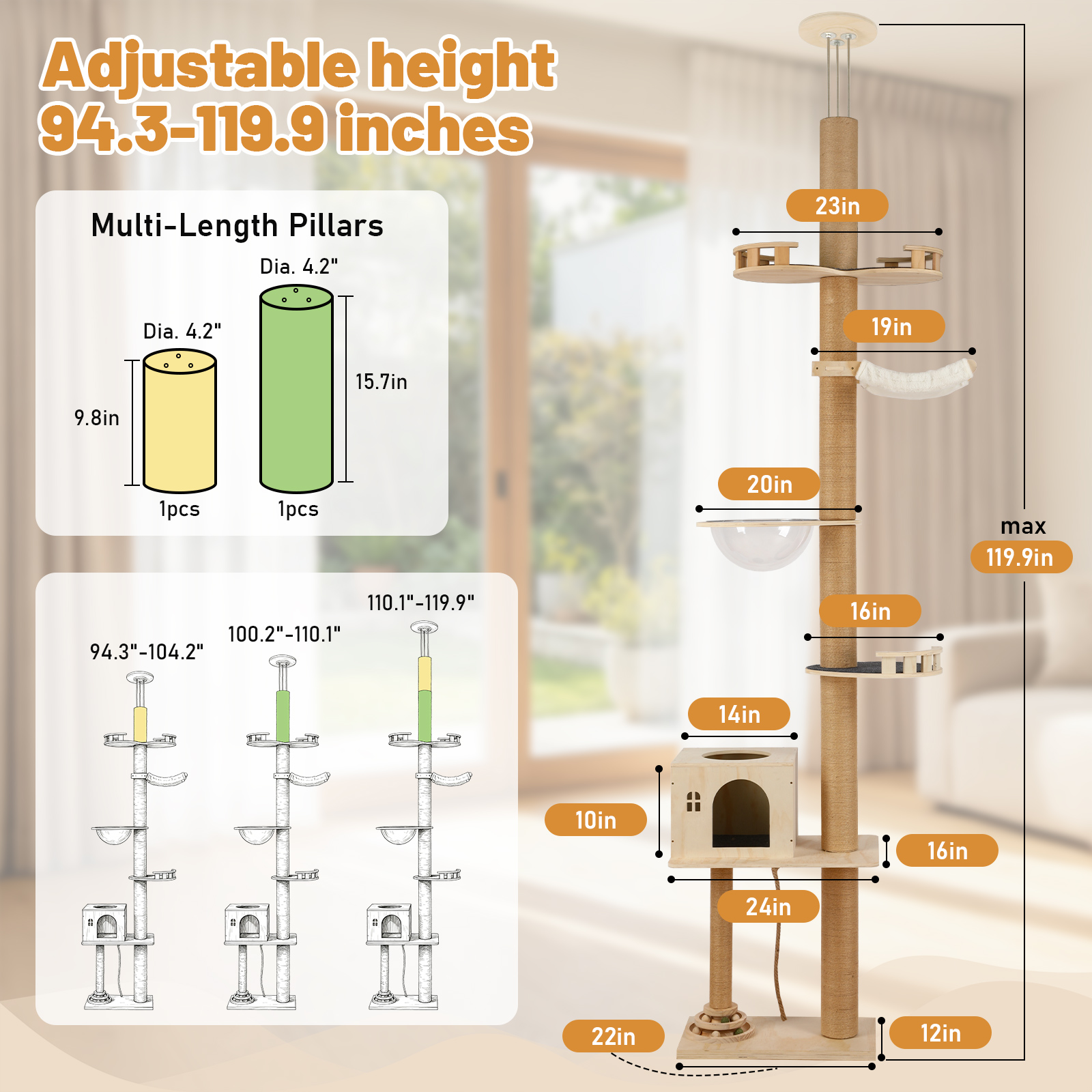 Floor-to-Ceiling Cat Tree With Natural Sisal Rope Scratching Post - Adjustable Height Modern Cat Activity Tree, Cat Scratcher Post photo 5