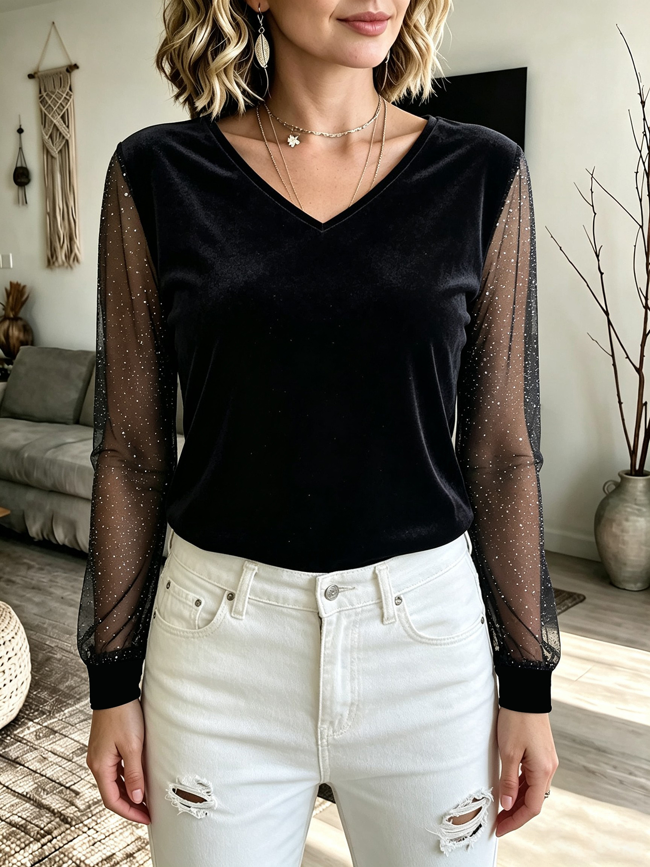 Women's Black Glitter Mesh Long Sleeve V Neck Tunic Top Sheer Sleeve Casual Blouse photo 2