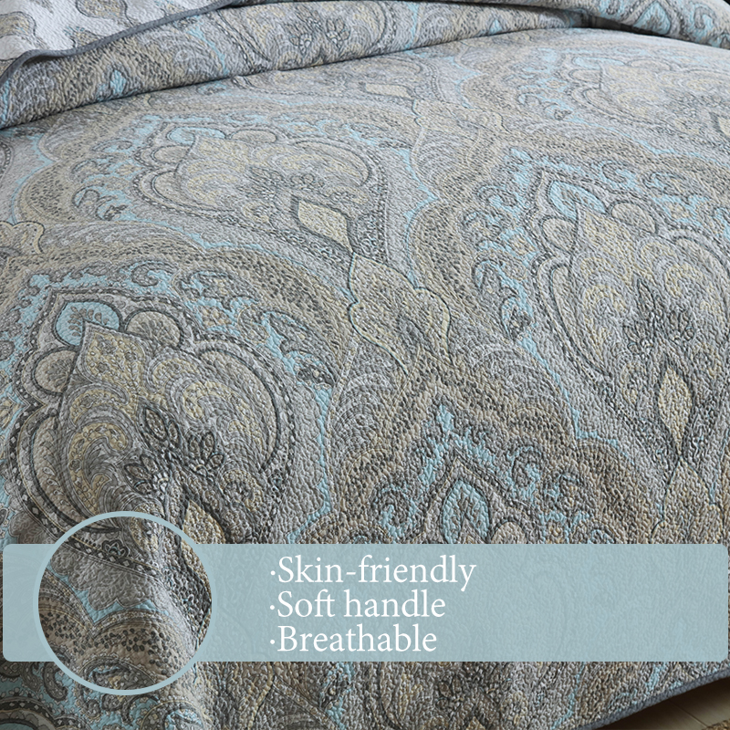 3x Dense Quilting Anti-Static Fade Proof Machine Washable All Season Lightweight Bedding 3-Piece Gray Blue Paisley Damask Quilted Bedspread Set Cotton Filled Reversible Coverlet Skin-Friendly Soft photo 2