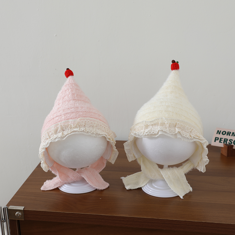 Sweet Style Baby Plush Pointed Hat With Baby Lace Trim And Drawstring Ear Protectors, Outdoor Warm Knitted Hat photo 4