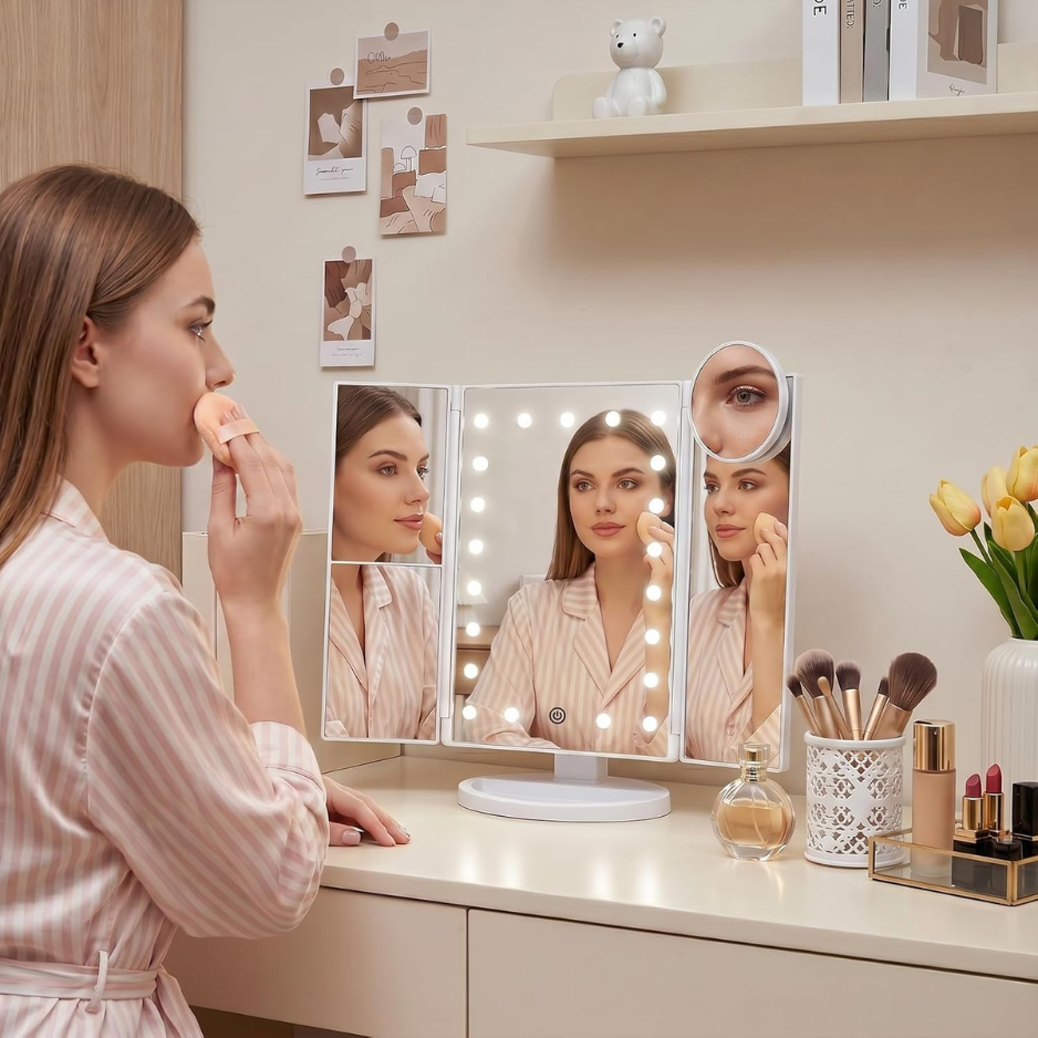 Magnifying Vanity Mirror With Light, Trifold Makeup Mirror Touch Dimming, Dual Power, Clear View For Makeup, Skincare. Dorm Room photo 7
