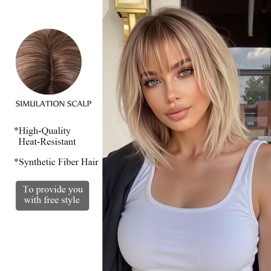 Blonde Wig With Bangs Short Bob Straight Wig For Women Synthetic Hair Wigs For Daily Party Cosplay Wear photo 2