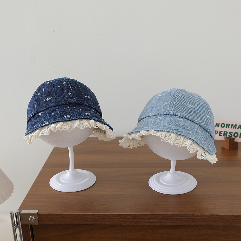 Children's Korean-style Textured Butterfly Knot Lace Trimmed Sailor Hat, Washed And Distressed Wide Brim Soft Cap photo 3