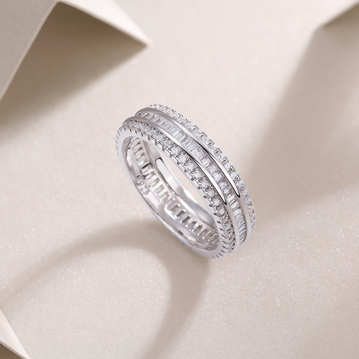 S925 Silver 2.8g Platinum Plated Moissanite Eternity Ring, 5.0mm Baguette & Round Cut Band, GRA Certified US 5-9 photo 6