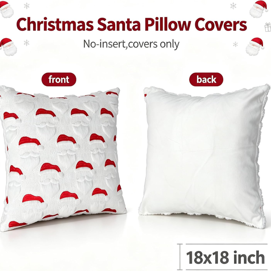 2Pcs Santa Christmas Pillow Covers 18x18, 3D Jacquard Faux Fur Decor photo 2