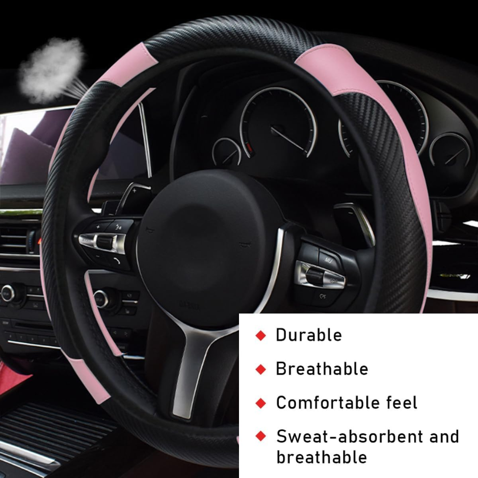 Car Steering Wheel Cover, 15 Inch Leather Breathable Auto Steering Wheel Protector, Comfortable Non-Slip Vehicle Steering Wheel Covers, Universal Interior Car Accessories Black&Pink photo 5