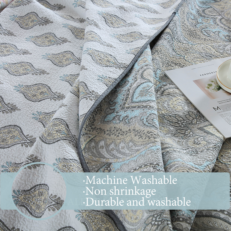 3x Dense Quilting Anti-Static Fade Proof Machine Washable All Season Lightweight Bedding 3-Piece Gray Blue Paisley Damask Quilted Bedspread Set Cotton Filled Reversible Coverlet Skin-Friendly Soft photo 3