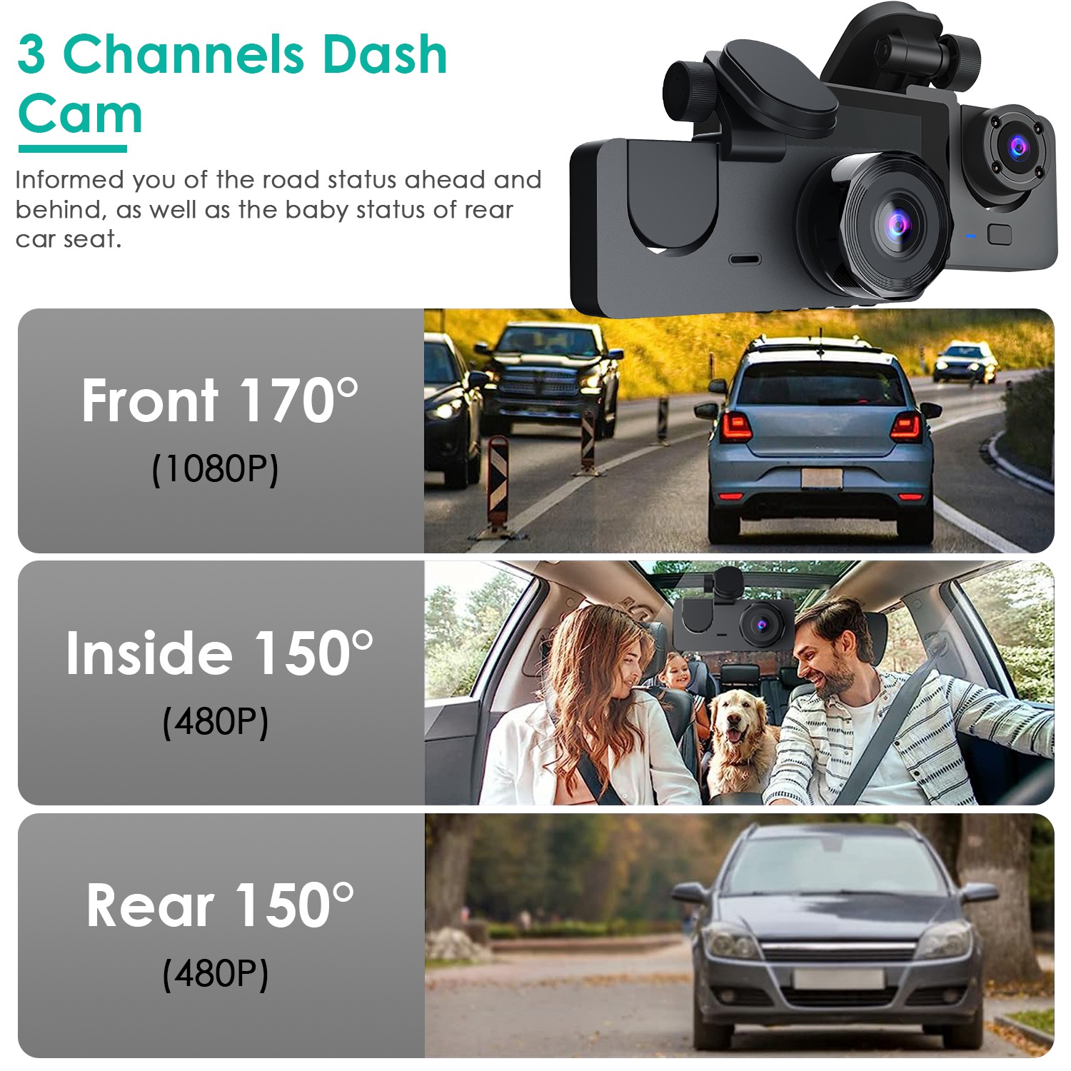 3 Channel Dash Cam Front Inside Rear Vehicle Driving Recorder Car DVR With 32G MMC Card G Sensor Motion Detection Parking Monitor Loop Recording photo 3