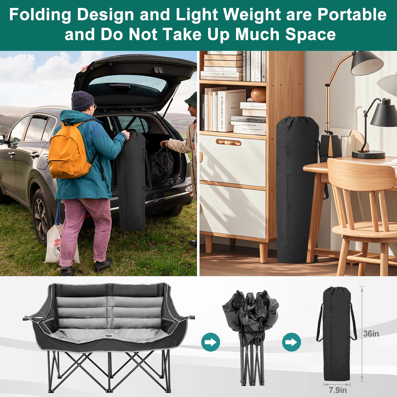 Double Camping Chair, Folding 2 Person Camping Chair Loveseat With Cup Holder photo 2