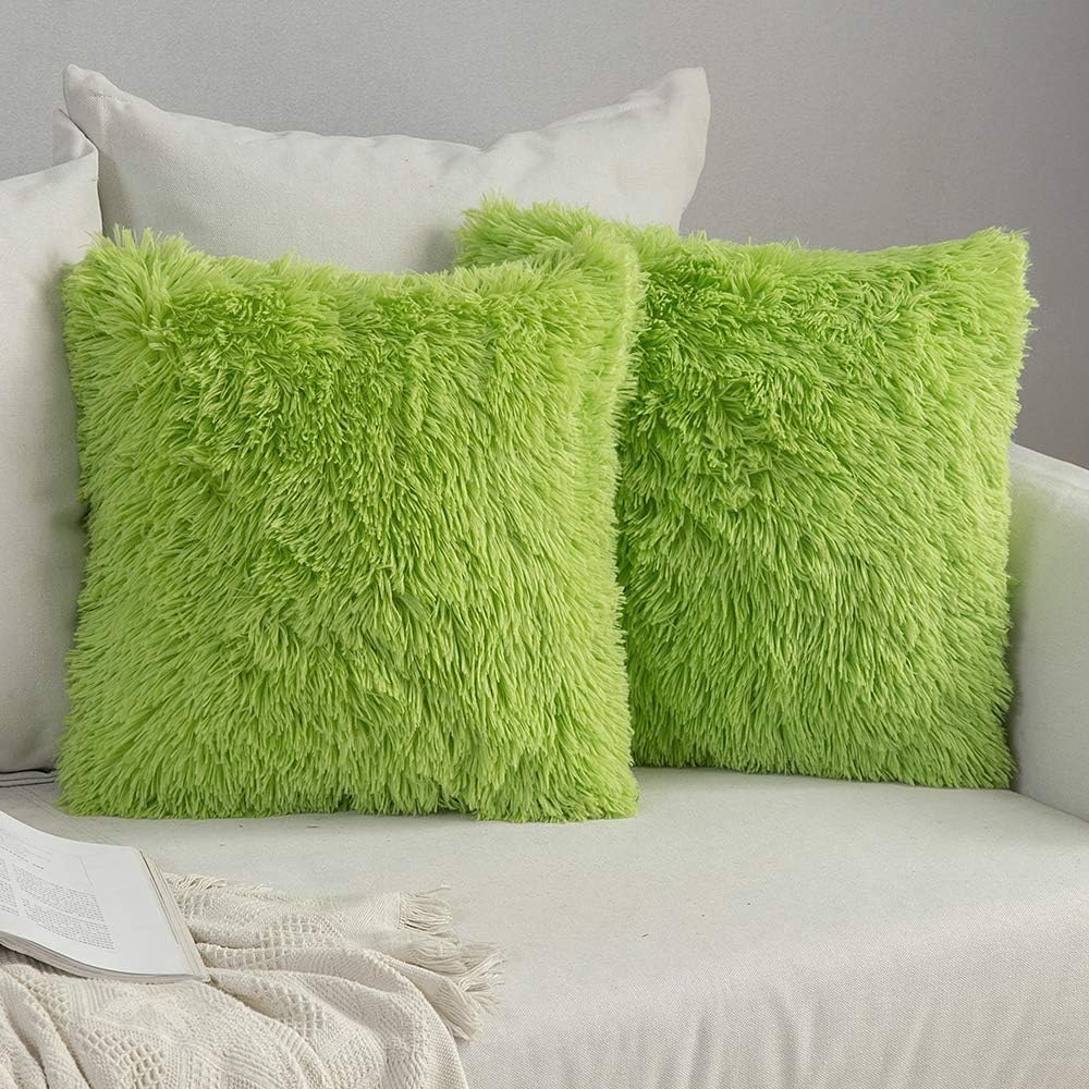 Green Faux Fur Throw Pillow Covers 2 Units, 18x18 Inch Plush Decorative Cushion Cases For Sofa, Bedroom And Car photo 1