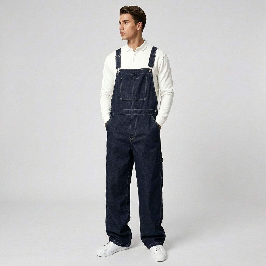 Dark Indigo Mens Denim Bib Overalls Loose Straight Leg Carpenter Workwear Dungarees US Ready Stock photo 4