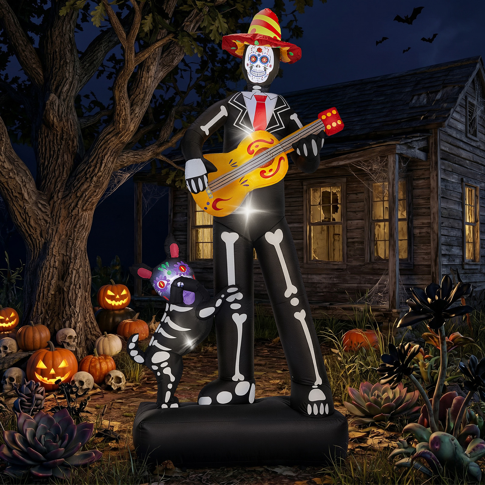 7.3ft Ghostly Musician With Dog,6 LEDs,Black,White,Orange,Halloween Inflatable Decoration,1500mA,12V,US Standard photo 5