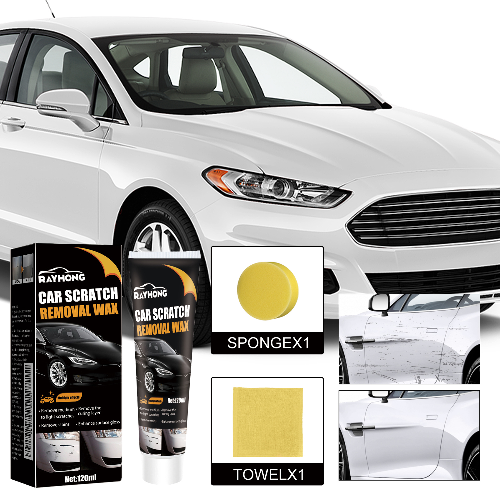Car Scratch Wax Kit 120ml Bottle-1 Cloth-1 Sponge 1Box photo 3