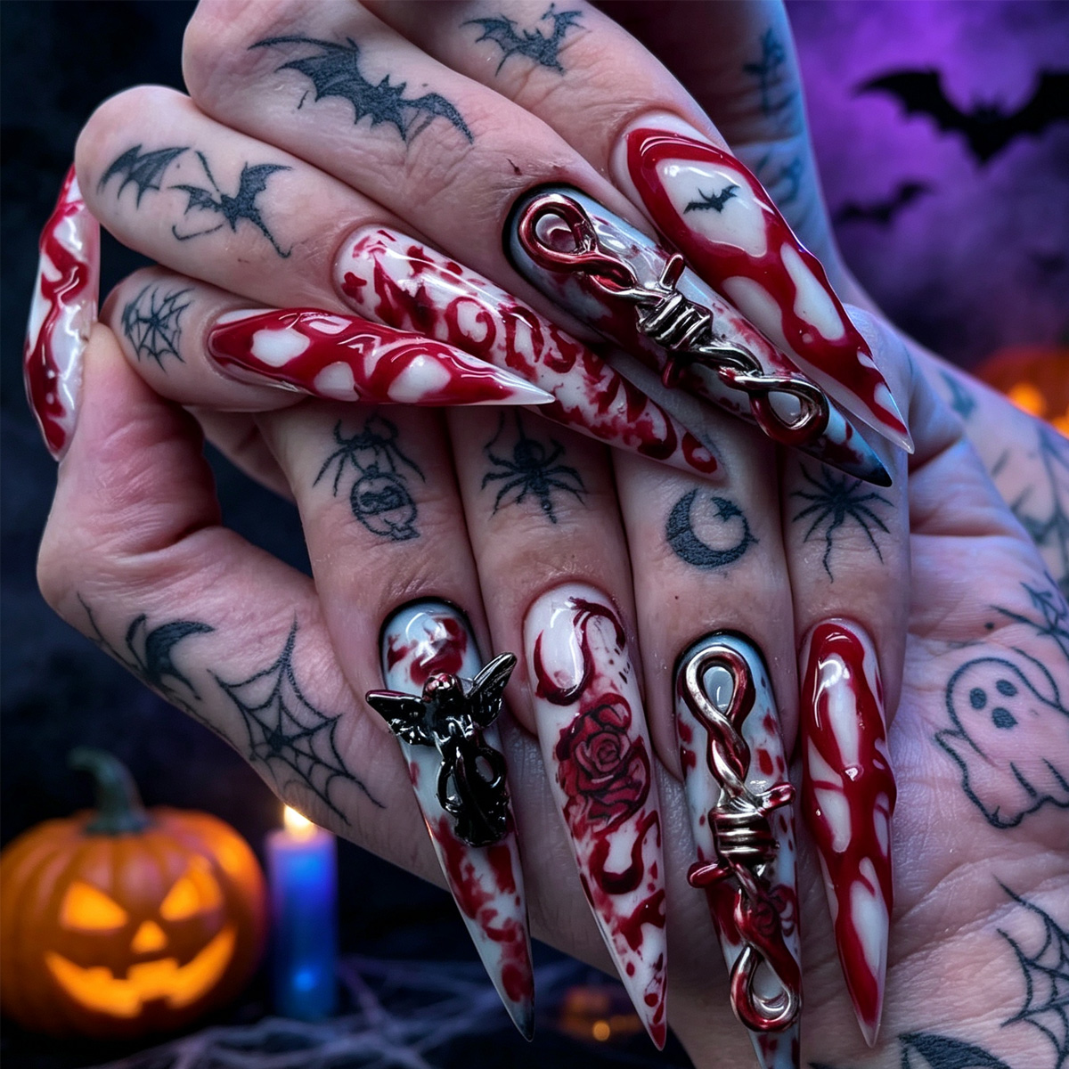 24Pcs Extra Long Teardrop Press On Nails, 3D Blood Red Terror Angel Design Fake Nails, Halloween Gothic Scary Wearable Nail Art For Women photo 1