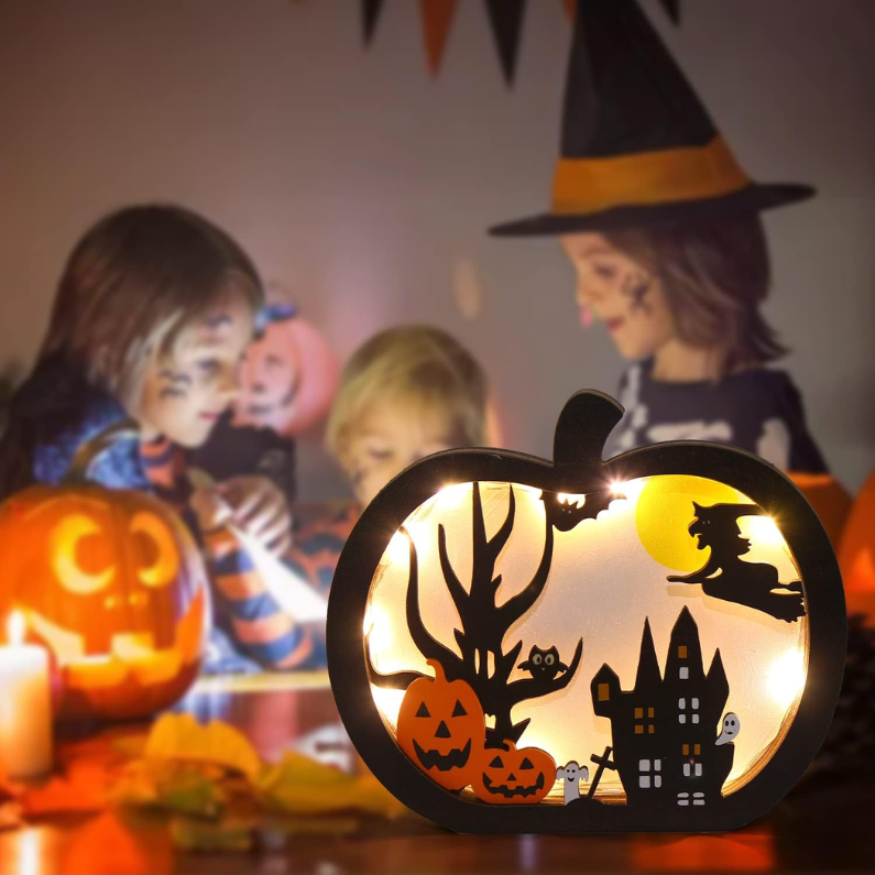 Halloween Wooden Table Sign, Light Up Pumpkin Table Centerpiece Topper For Halloween photo 5