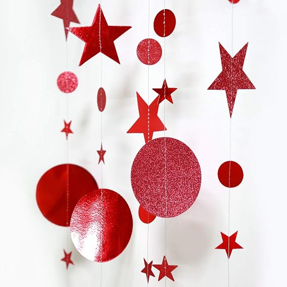 Red Circle Dot And Star Garlands Metallic Hanging Bunting For Christmas, New Year, Wedding And Party Decor photo 3