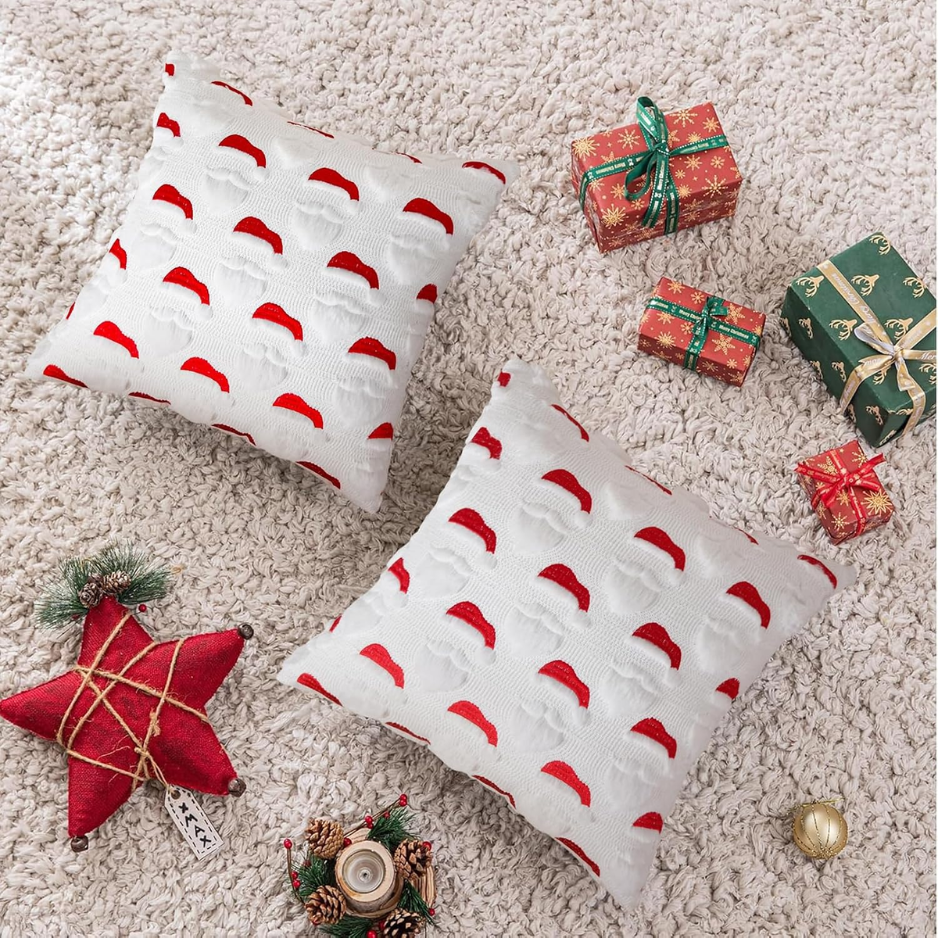 2Pcs Santa Christmas Pillow Covers 18x18, 3D Jacquard Faux Fur Decor photo 5