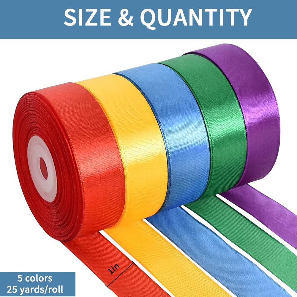 Satin Ribbon Rolls 5 Colors, 1 Inch X 125 Yards Fabric Ribbon For Gift Wrapping, Wedding, Party Decor, Bows And Crafts photo 2