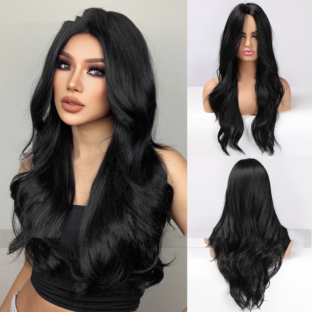 Black Medium Parted Long Curly Hair With Big Waves photo 3