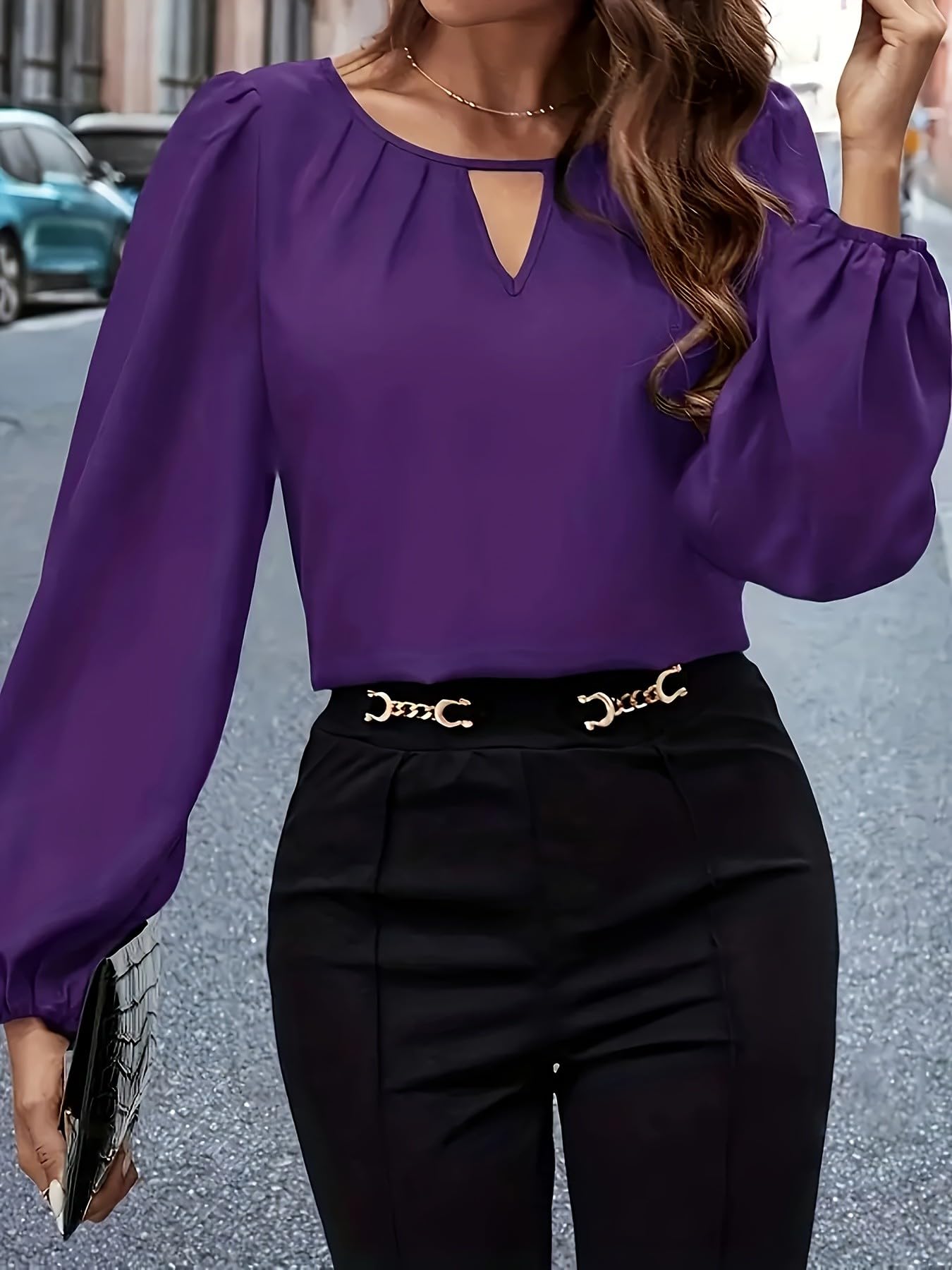 Women Puff Long Sleeve Blouse Keyhole Cutout Round Neck Elegant Dressy Top For Office Party Daily Wear photo 5