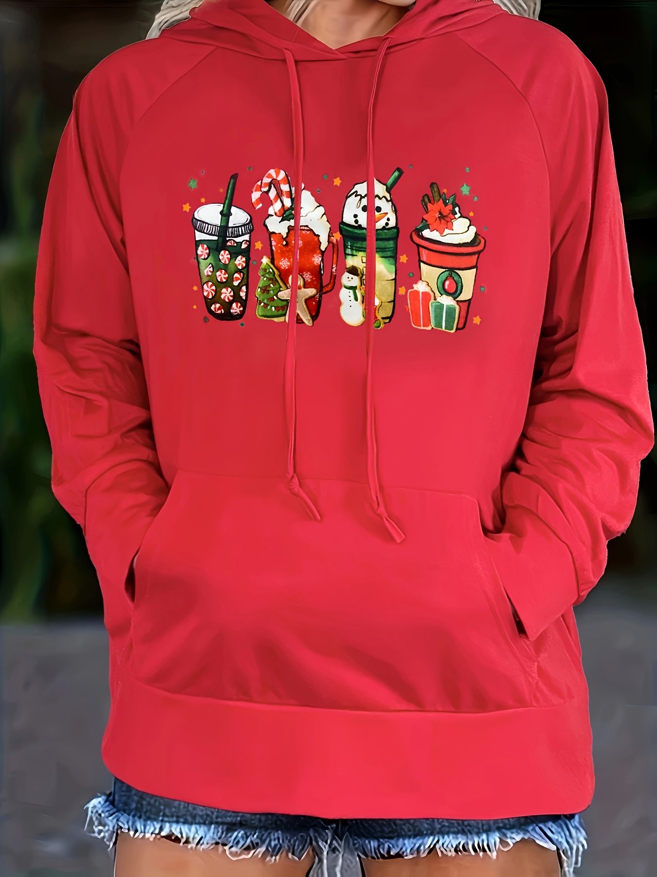 Women Christmas Coffee Cup Graphic Hoodie Drawstring Raglan Long Sleeve Kangaroo Pocket Holiday Pullover Sweatshirt photo 2