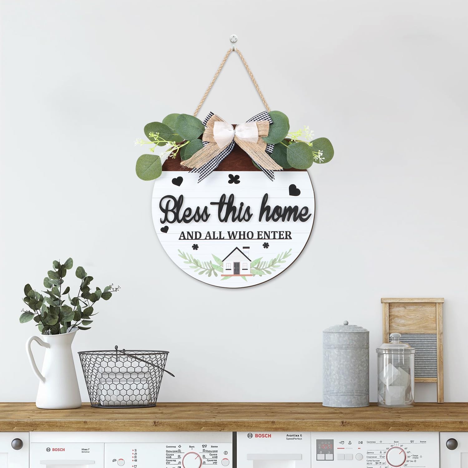 Bless This Home Wooden Sign, Rustic Farmhouse Hanging Plaque For Front Door, Entryway, Porch And Wall Decor photo 2