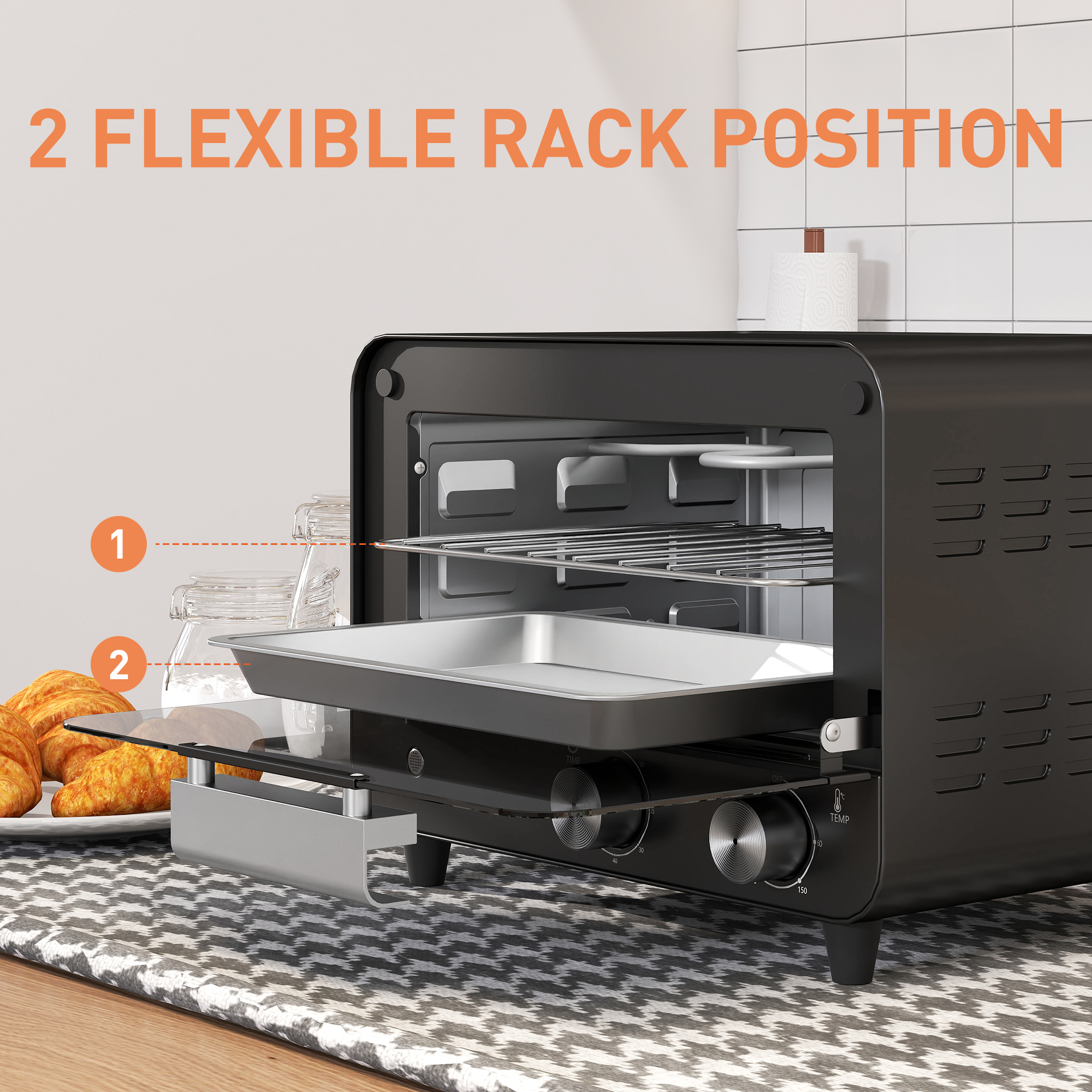 Small Toaster Oven, 12L Multifunction Mini Countertop Oven With Glass Door, Adjustable Temperature And Timer, Black photo 8