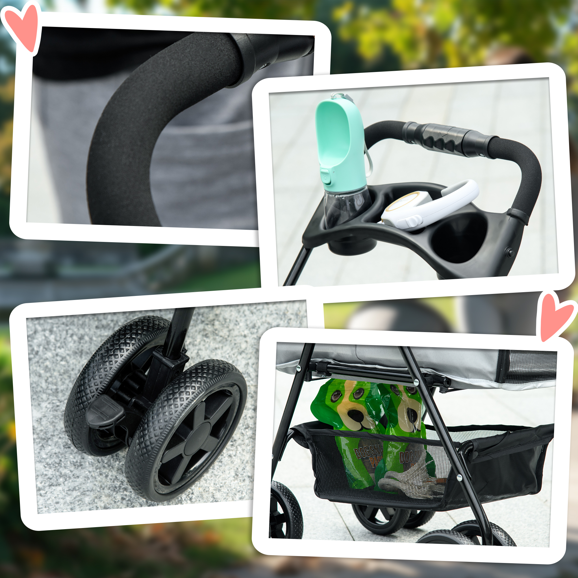 PawHut Dog Pram Dog Stroller Foldable Pet Pushchair With 4 Wheels, Safety Leashes, Cup Holder For Small Dogs, Grey photo 8