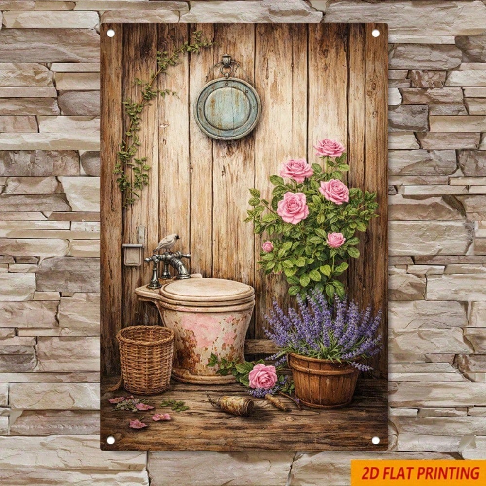 1pc Vintage Roses Wall Art, Farmhouse Minimalist Toilet Sign Bathroom photo 3