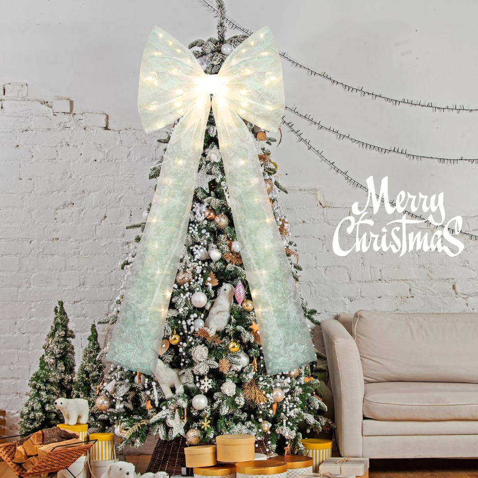 Giant White Mesh LED Christmas Tree Topper Bow, Large Holiday Tree Decoration photo 3