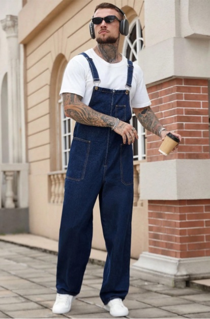 US Ready Stock Mens Denim Overalls Dark Blue Loose Fit Straight Leg Bib Overalls Casual Workwear For Men photo 1