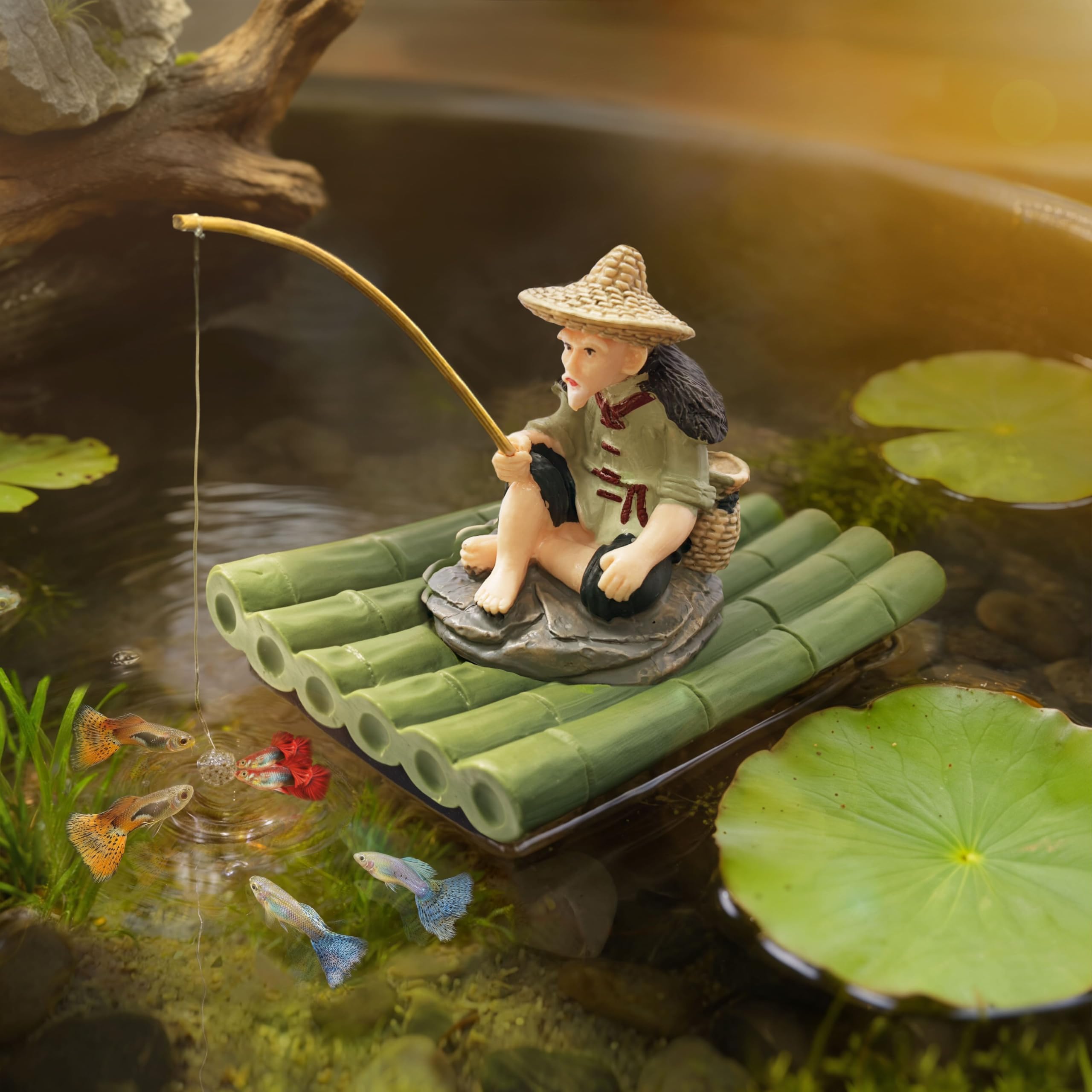 2-in-1 Floating Aquarium Decor, Interactive Floating Fish Tank Fisherman Decorations On PVC Bamboo Raft With Stable EVA Pad Buoyancy For Guppy, Small Schooling Species, Paludarium And Zen Pond photo 1