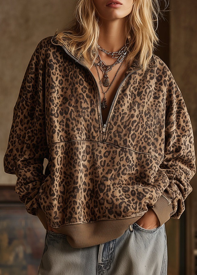 NewArrivalFall Winter HotsellingLeopard Print ZipUp Versatile Casual Womens Hoodie photo 3