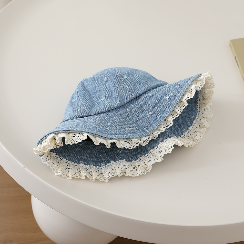 Children's Sweet And Cute Lace Edge Wide-brimmed Fisherman Hat With Washable Jacquard Butterfly Knot Heart Bucket Style Hat photo 2