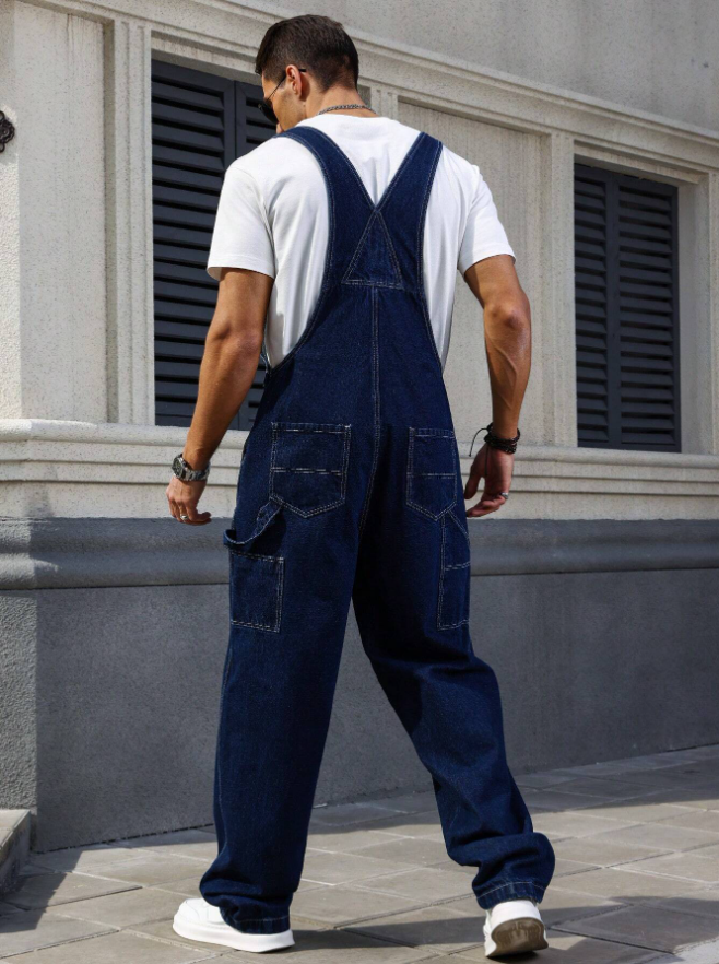 Men's Denim Overalls Loose Fit Carpenter Bib Pants Workwear Jeans Streetwear Ready Stock photo 8