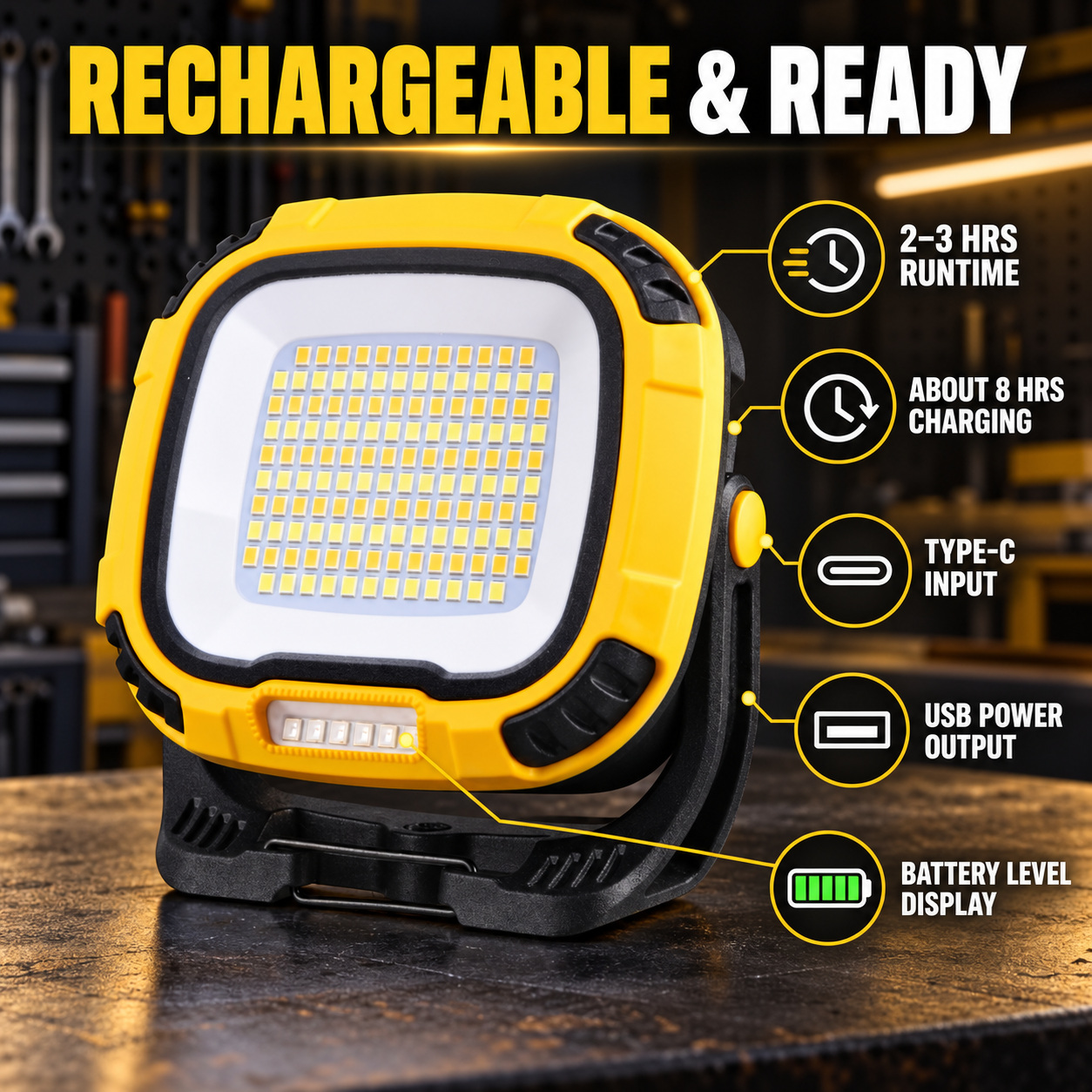 Rechargeable Magnetic Battery Display Type C LED Work Light Base Hanging W892 2 Adjustable Stand photo 5