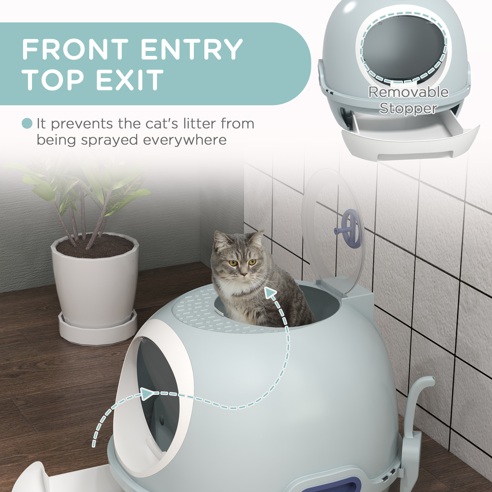 PawHut Cat Litter Box Toilet With Litter Scoop Enclosed Drawer, Front Entry Top Exit, Easy To Clean Blue photo 1