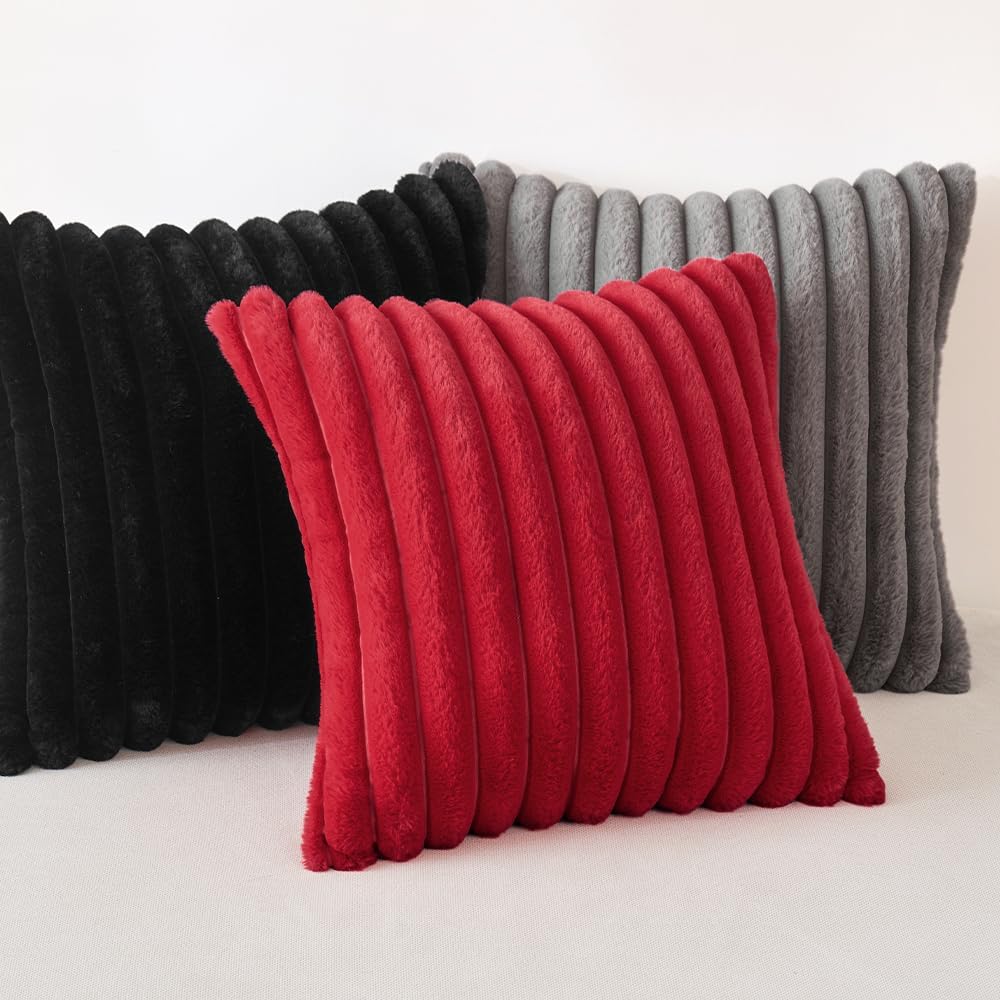 Red Fuzzy Christmas Throw Pillow Covers 2 Units, Striped 18x18 Inch Plush Cushion Cases For Sofa, Couch And Holiday Decor photo 3