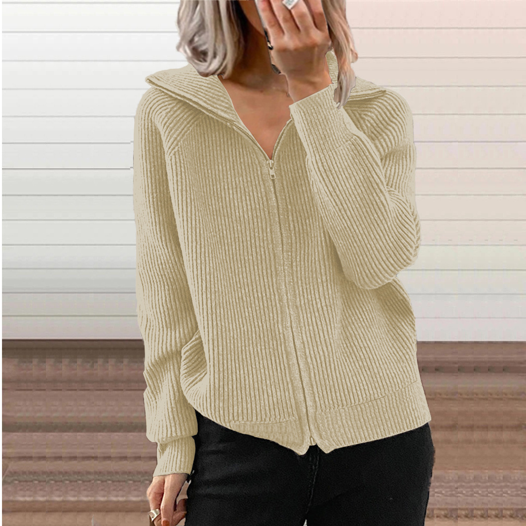 European And American Cross-border Fall And Winter New Style Striped Casual Jackets, Loose Knitted Tops With Zippers, Long-sleeved Lapel Sweaters For Women, Available In 6 Colors. photo 7