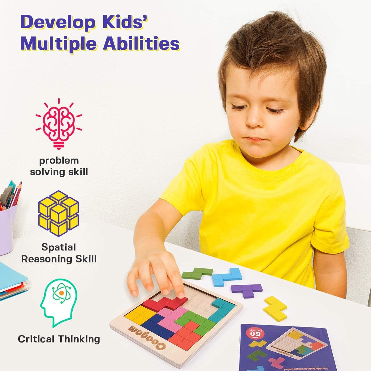 Wooden Pattern Blocks Puzzle With 60 Challenges, 3D Tangram Brain Teaser Game For Kids And Adults, STEM Learning Toy photo 5
