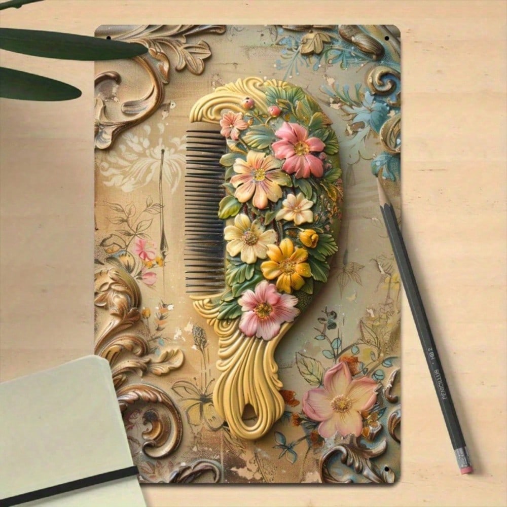Vintage French Hair Comb Metal Wall Decor Sign, Humorous Floral Hanging Art photo 5