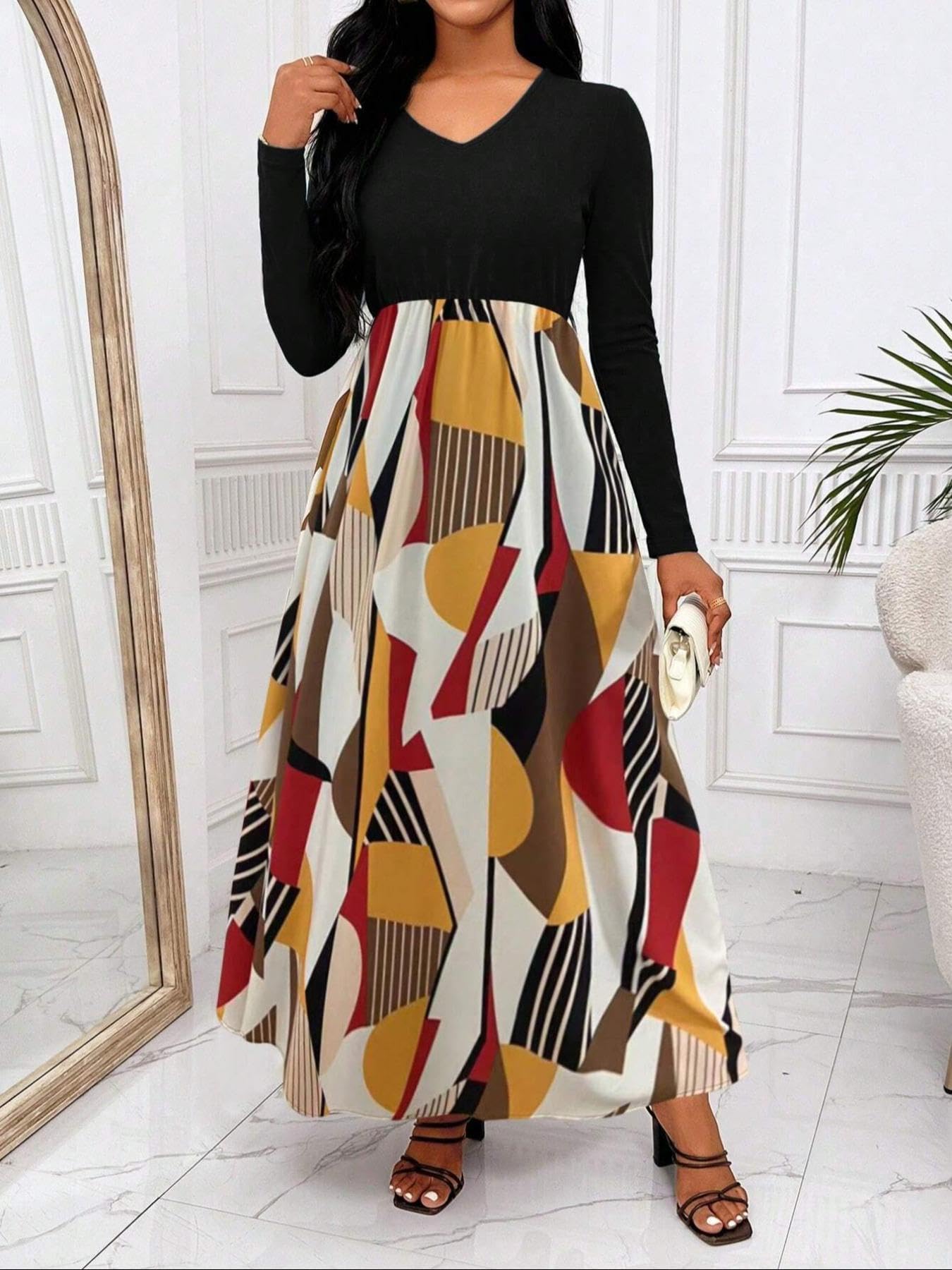 Women V Neck Long Sleeve Midi Dress Color Block Geometric Print Flowy A Line Dress For Party Daily Vacation photo 3