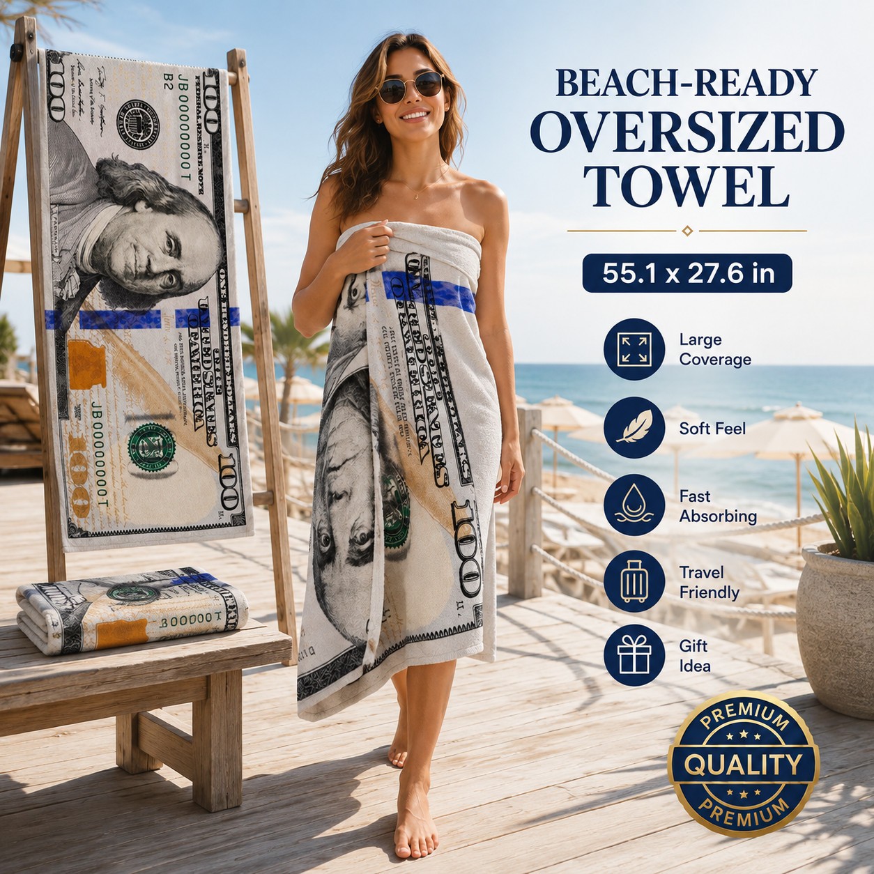 55x28in Cash Print Beach Towel Soft Velour Absorbent US Dollar Seaside Pool Towel photo 7