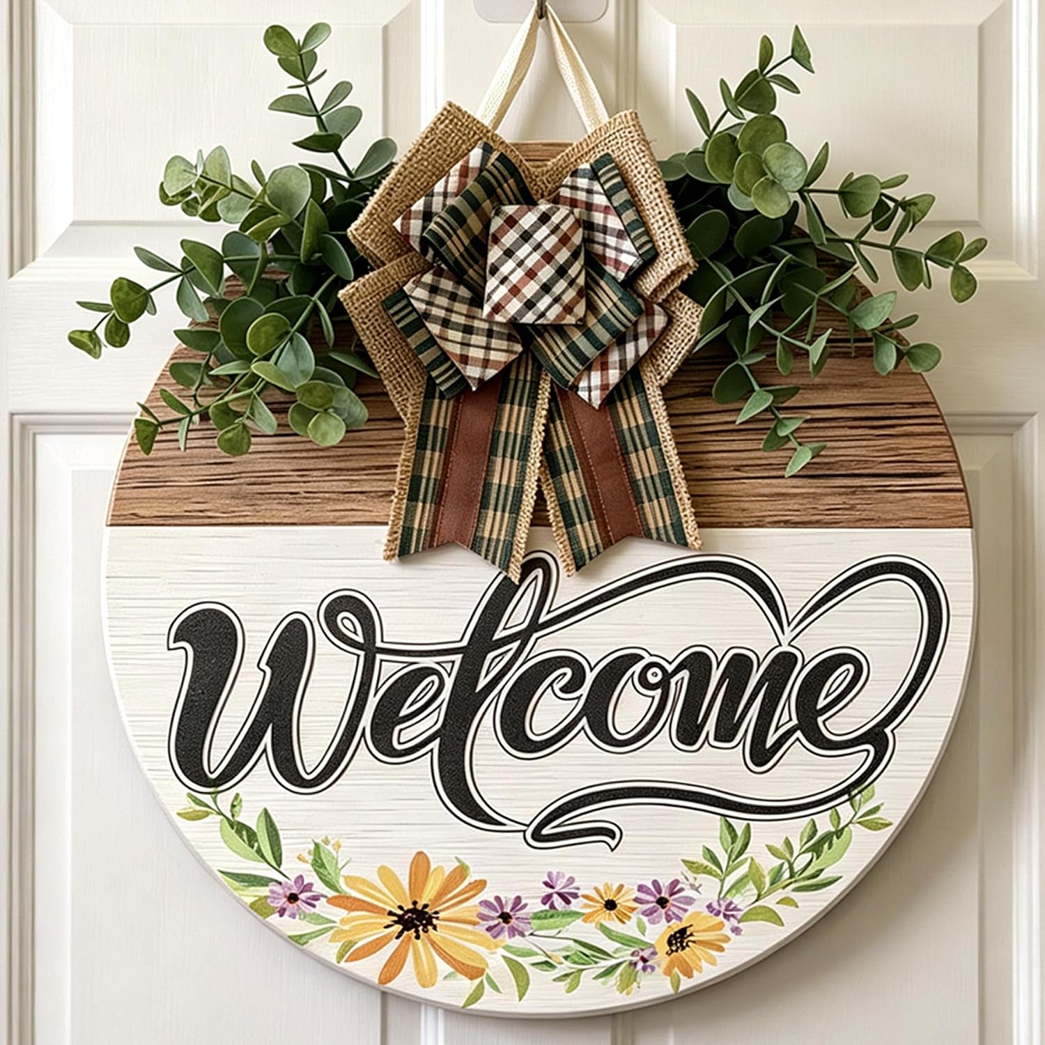 Welcome Door Sign 12 Inch Round Wooden Hanging Sign With Artificial Leaves, Farmhouse Porch Decor For Indoor Outdoor Home photo 1