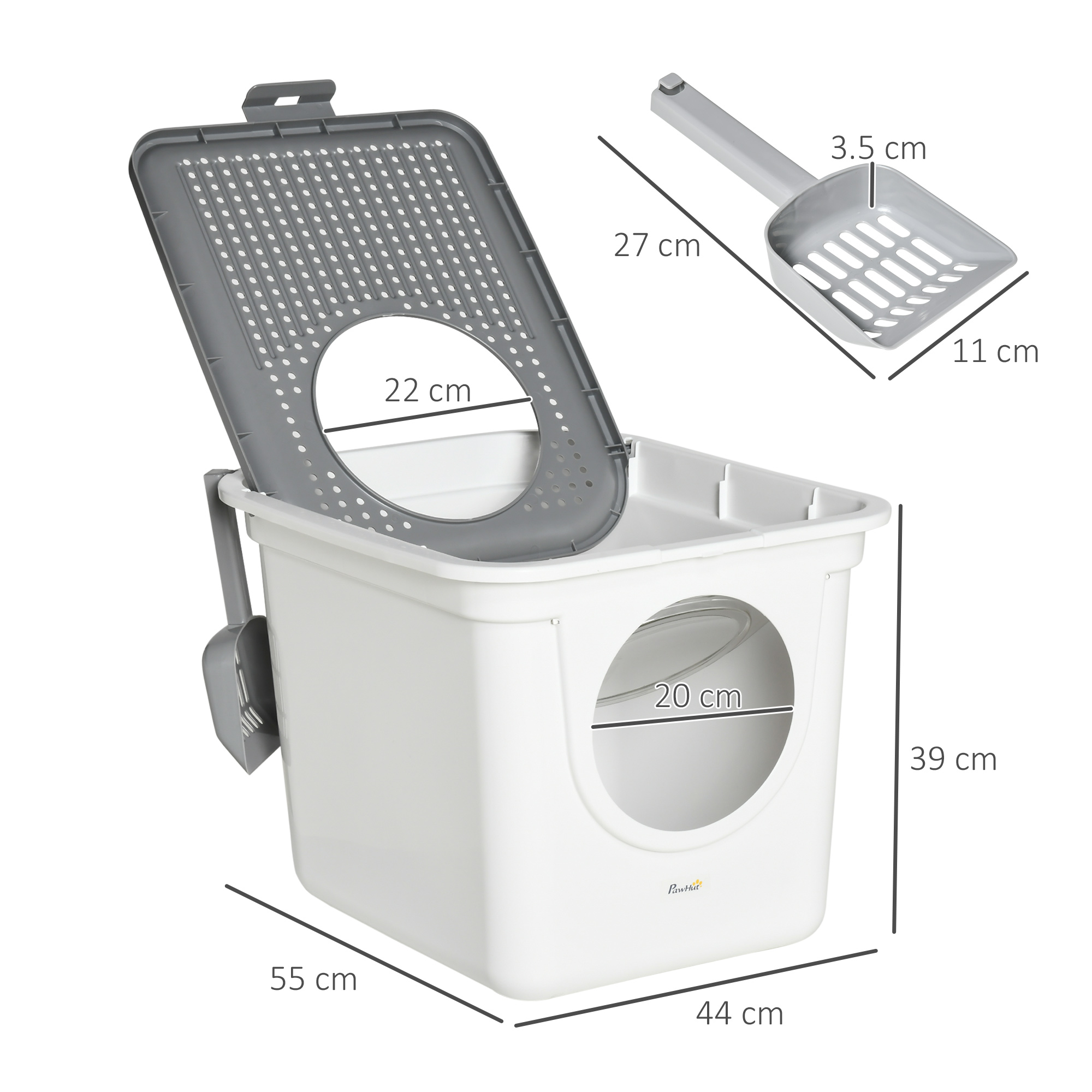 PawHut Cat Litter Box, Pet Toilet, Enclosed Kitten Pan With Front Entrance Top Exit, High Side, Scoop, White photo 3